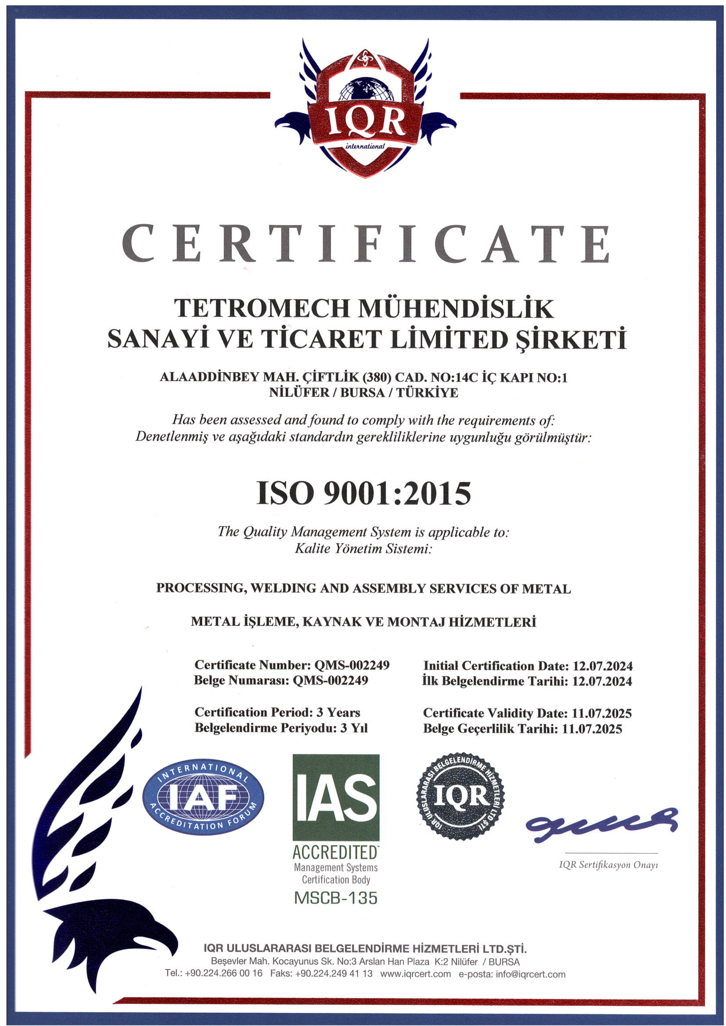 ISO 9001:2015 Sertifikası
